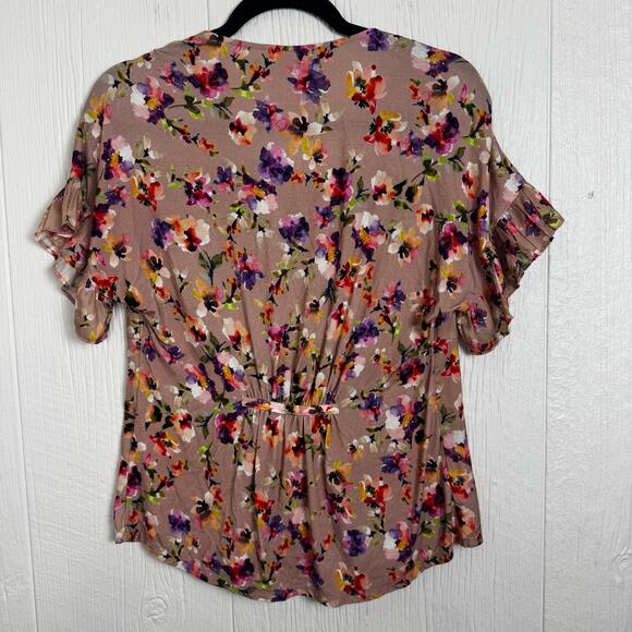 Dolan Anthropologie Tan Floral Mitzi Pleated Ruffle Short Sleeve Blouse Top XS - Picture 5 of 10